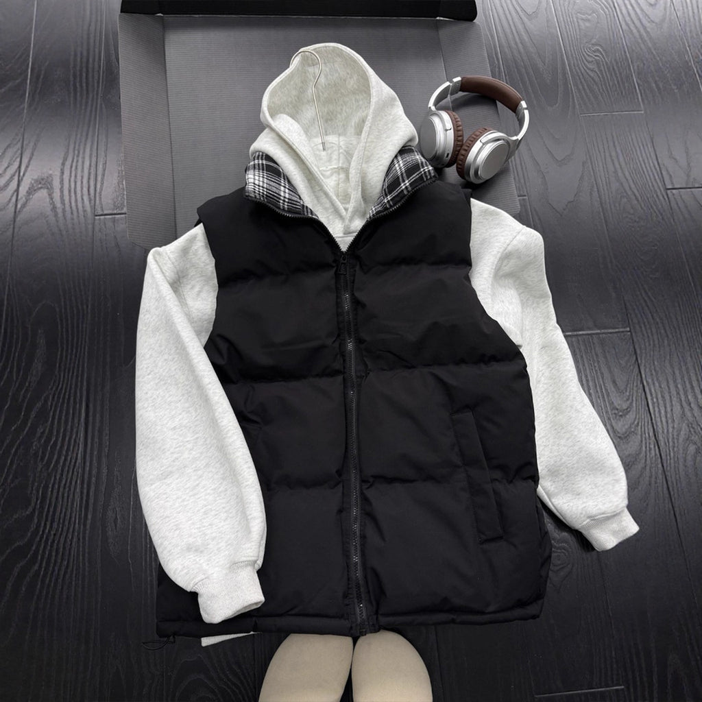 Style Plaid Patchwork Cotton Vest Unisex Autumn/Winter Quilted Thickened Sleeveless Jacket Stand Collar Cotton Coat Outerwear