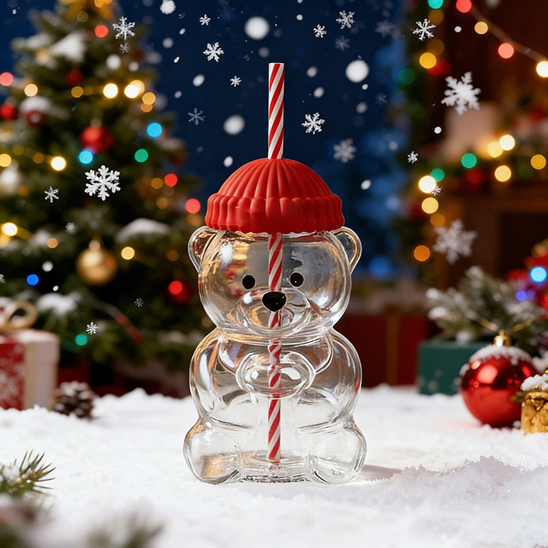 Cartoon teddy bear shaped glass cup Glass Bear Cup Christmas straw cup large capacity