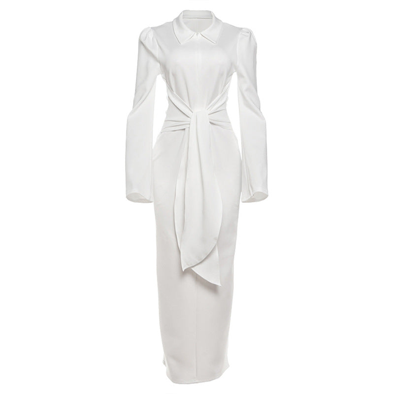 Collar slim fit tied long sleeved dress