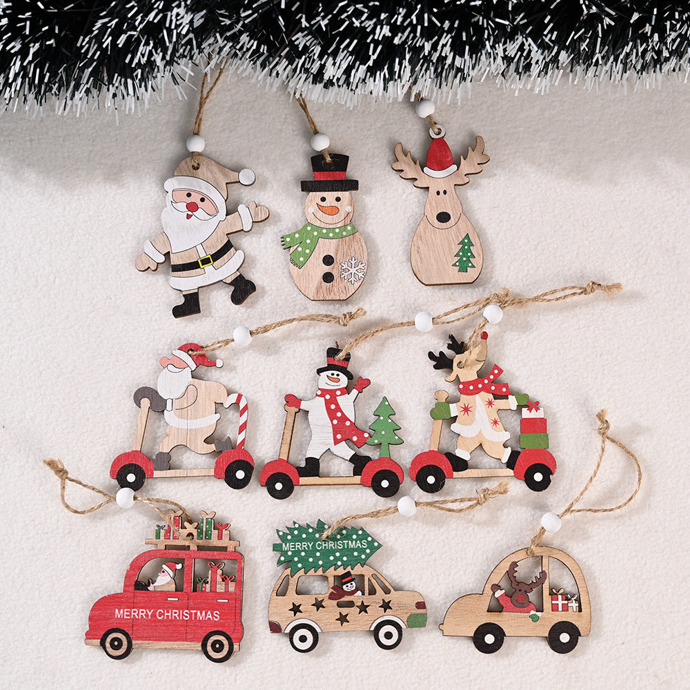 New Christmas Decorations Cartoon Santa Claus Combination Pendant Wooden Car Christmas Tree Decoration Accessories
