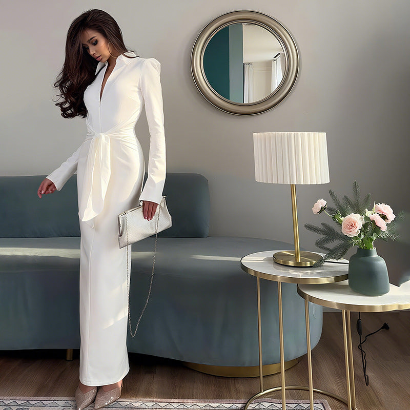 Collar slim fit tied long sleeved dress
