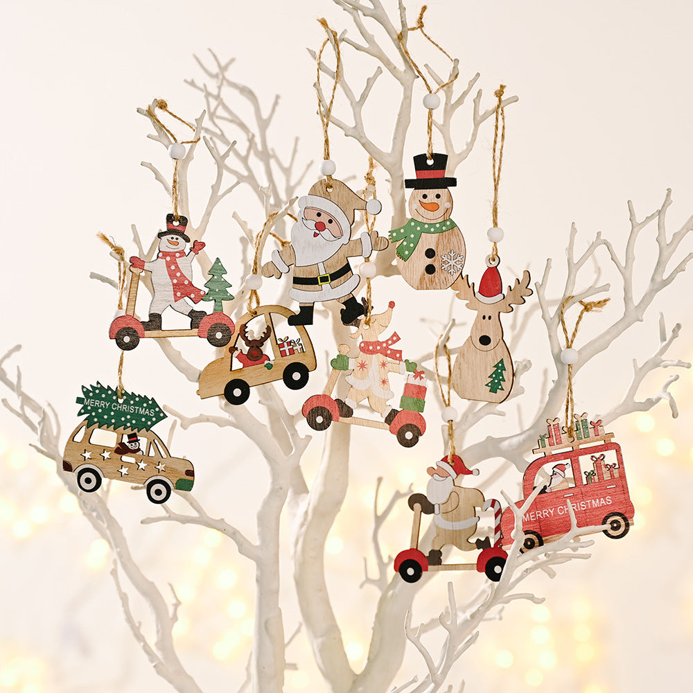 New Christmas Decorations Cartoon Santa Claus Combination Pendant Wooden Car Christmas Tree Decoration Accessories