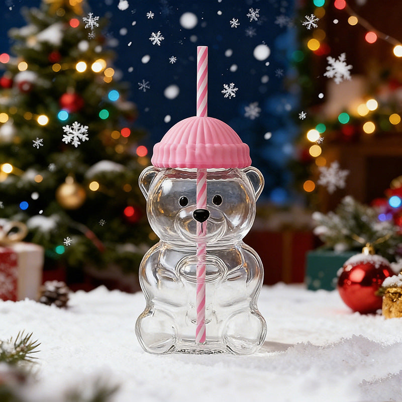 Cartoon teddy bear shaped glass cup Glass Bear Cup Christmas straw cup large capacity