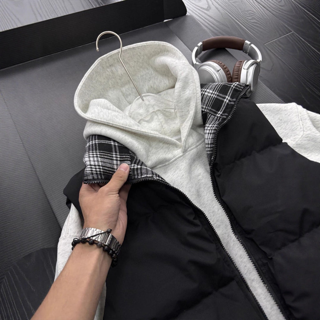 Style Plaid Patchwork Cotton Vest Unisex Autumn/Winter Quilted Thickened Sleeveless Jacket Stand Collar Cotton Coat Outerwear