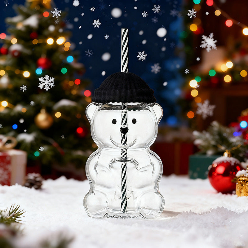 Cartoon teddy bear shaped glass cup Glass Bear Cup Christmas straw cup large capacity