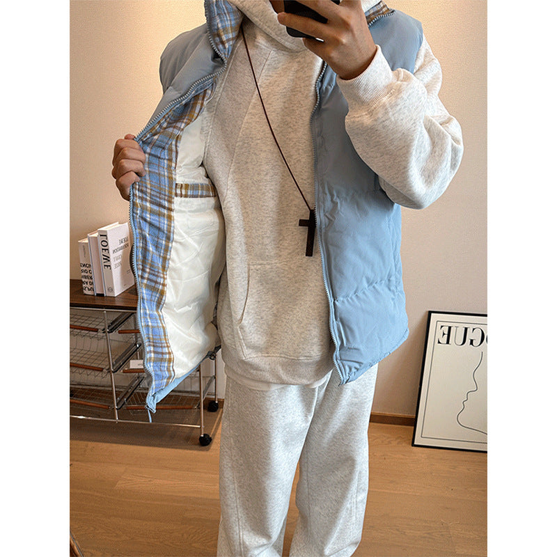 Style Plaid Patchwork Cotton Vest Unisex Autumn/Winter Quilted Thickened Sleeveless Jacket Stand Collar Cotton Coat Outerwear