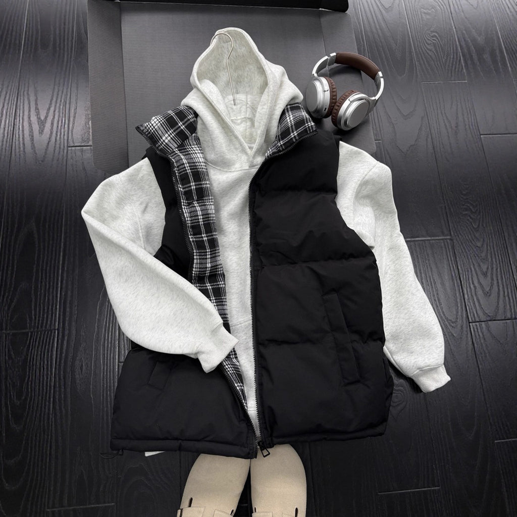 Style Plaid Patchwork Cotton Vest Unisex Autumn/Winter Quilted Thickened Sleeveless Jacket Stand Collar Cotton Coat Outerwear