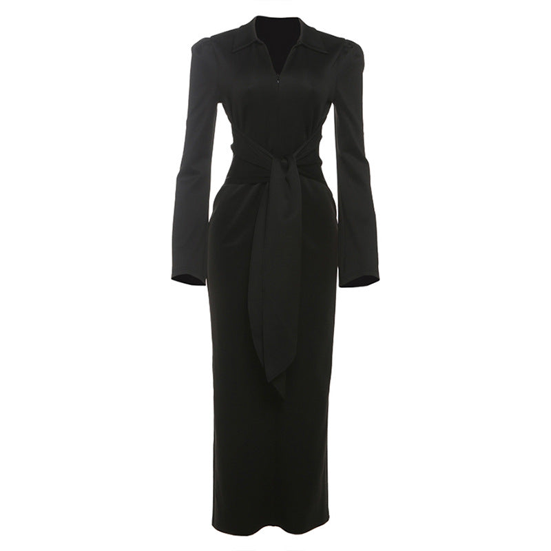 Collar slim fit tied long sleeved dress