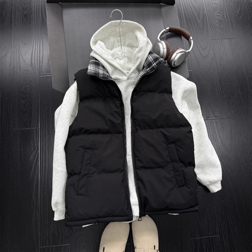 Style Plaid Patchwork Cotton Vest Unisex Autumn/Winter Quilted Thickened Sleeveless Jacket Stand Collar Cotton Coat Outerwear