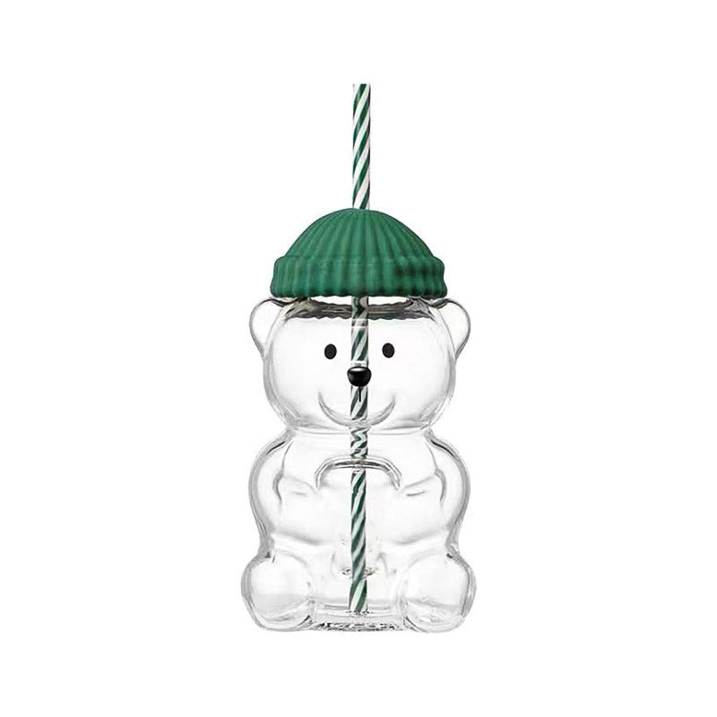 Cartoon teddy bear shaped glass cup Glass Bear Cup Christmas straw cup large capacity