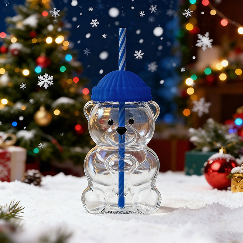 Cartoon teddy bear shaped glass cup Glass Bear Cup Christmas straw cup large capacity