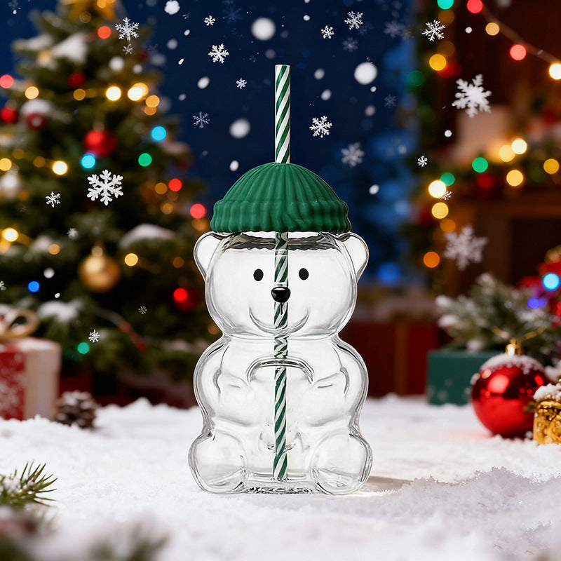 Cartoon teddy bear shaped glass cup Glass Bear Cup Christmas straw cup large capacity