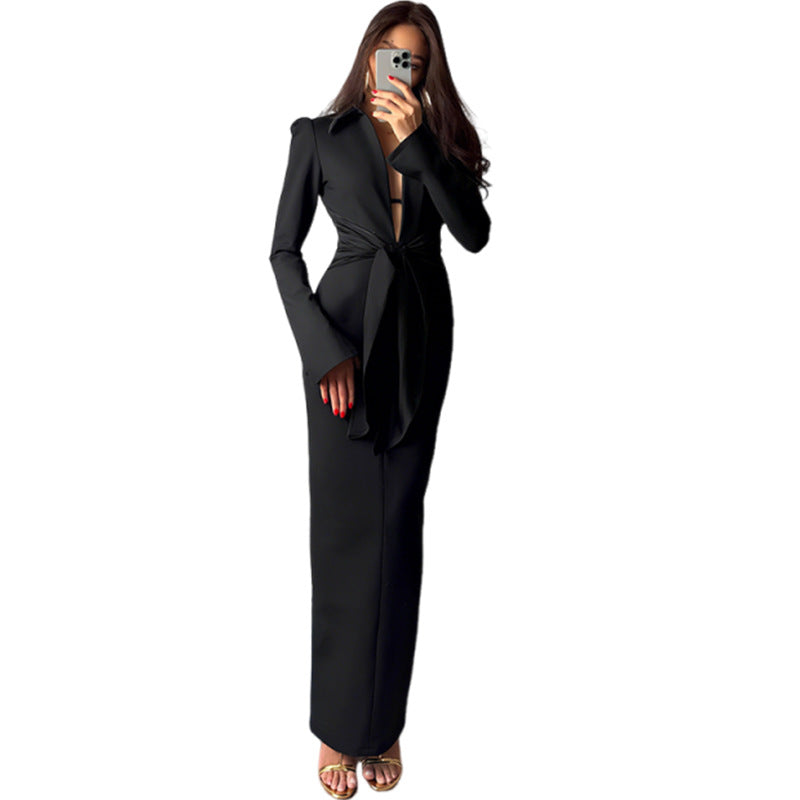 Collar slim fit tied long sleeved dress
