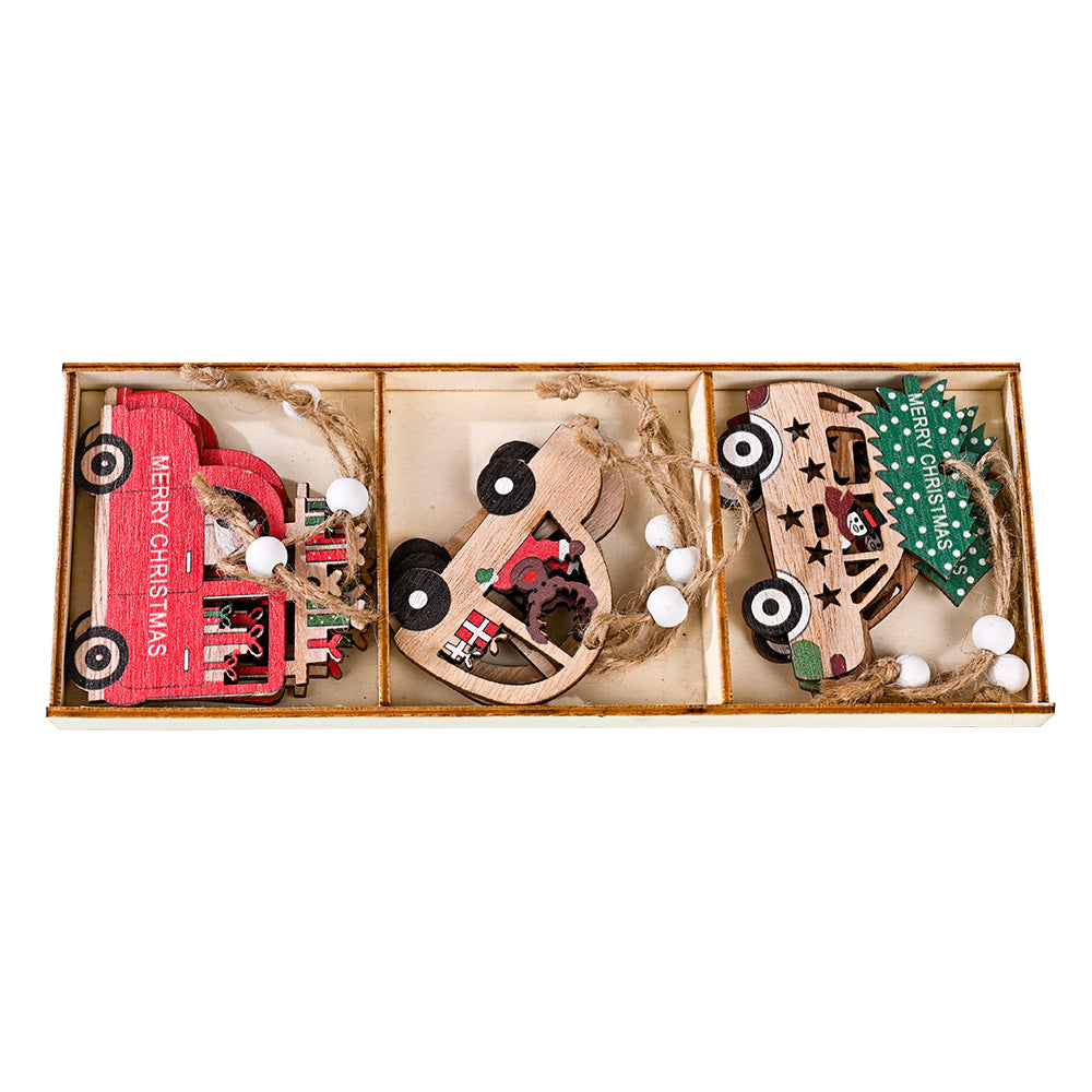 New Christmas Decorations Cartoon Santa Claus Combination Pendant Wooden Car Christmas Tree Decoration Accessories