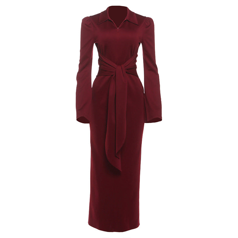 Collar slim fit tied long sleeved dress