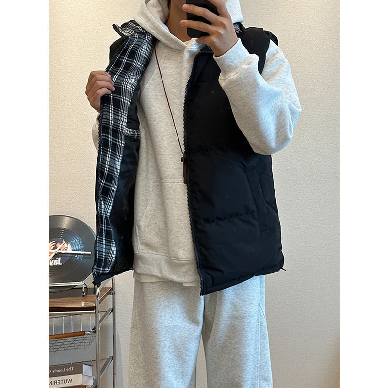 Style Plaid Patchwork Cotton Vest Unisex Autumn/Winter Quilted Thickened Sleeveless Jacket Stand Collar Cotton Coat Outerwear