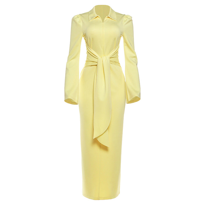 Collar slim fit tied long sleeved dress