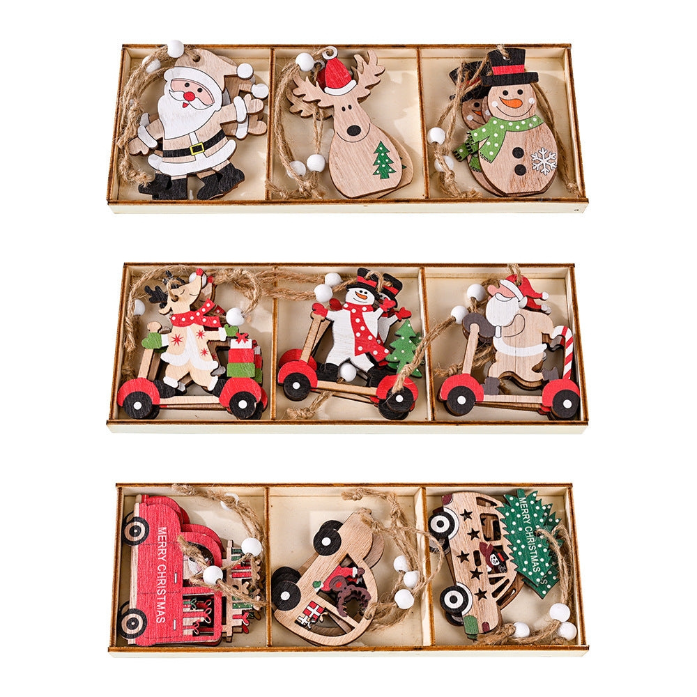 New Christmas Decorations Cartoon Santa Claus Combination Pendant Wooden Car Christmas Tree Decoration Accessories