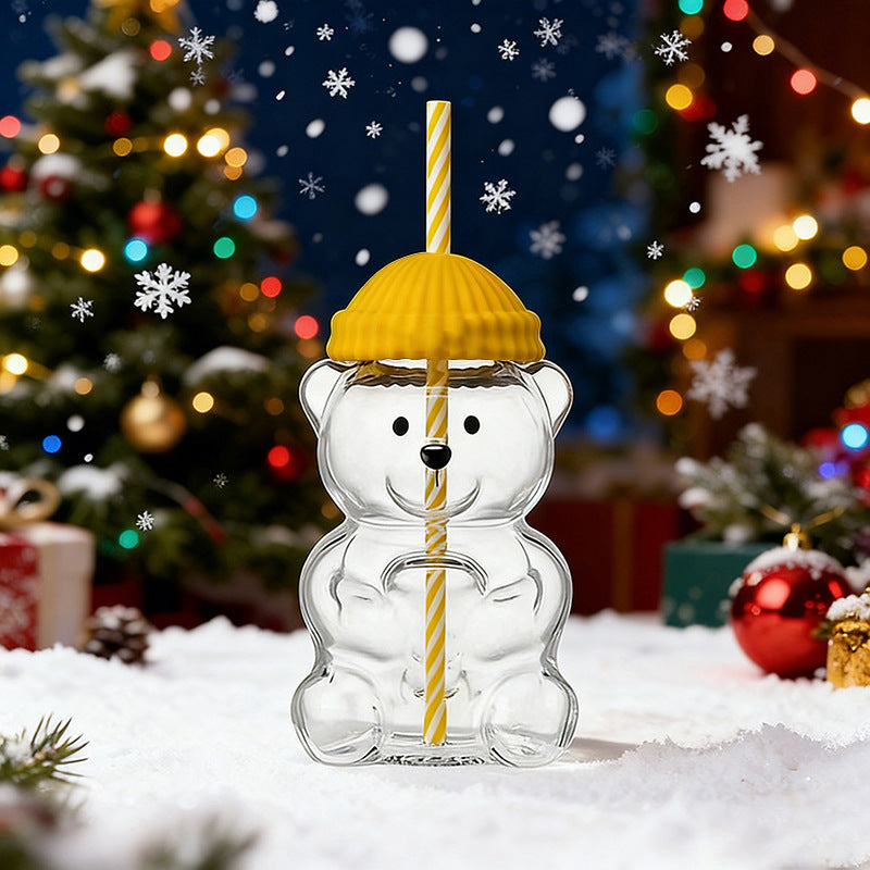 Cartoon teddy bear shaped glass cup Glass Bear Cup Christmas straw cup large capacity